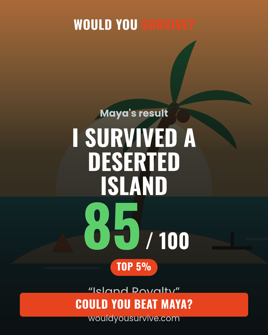 Share card: Would you survive a deserted island? 85 out of 100, Island Royalty