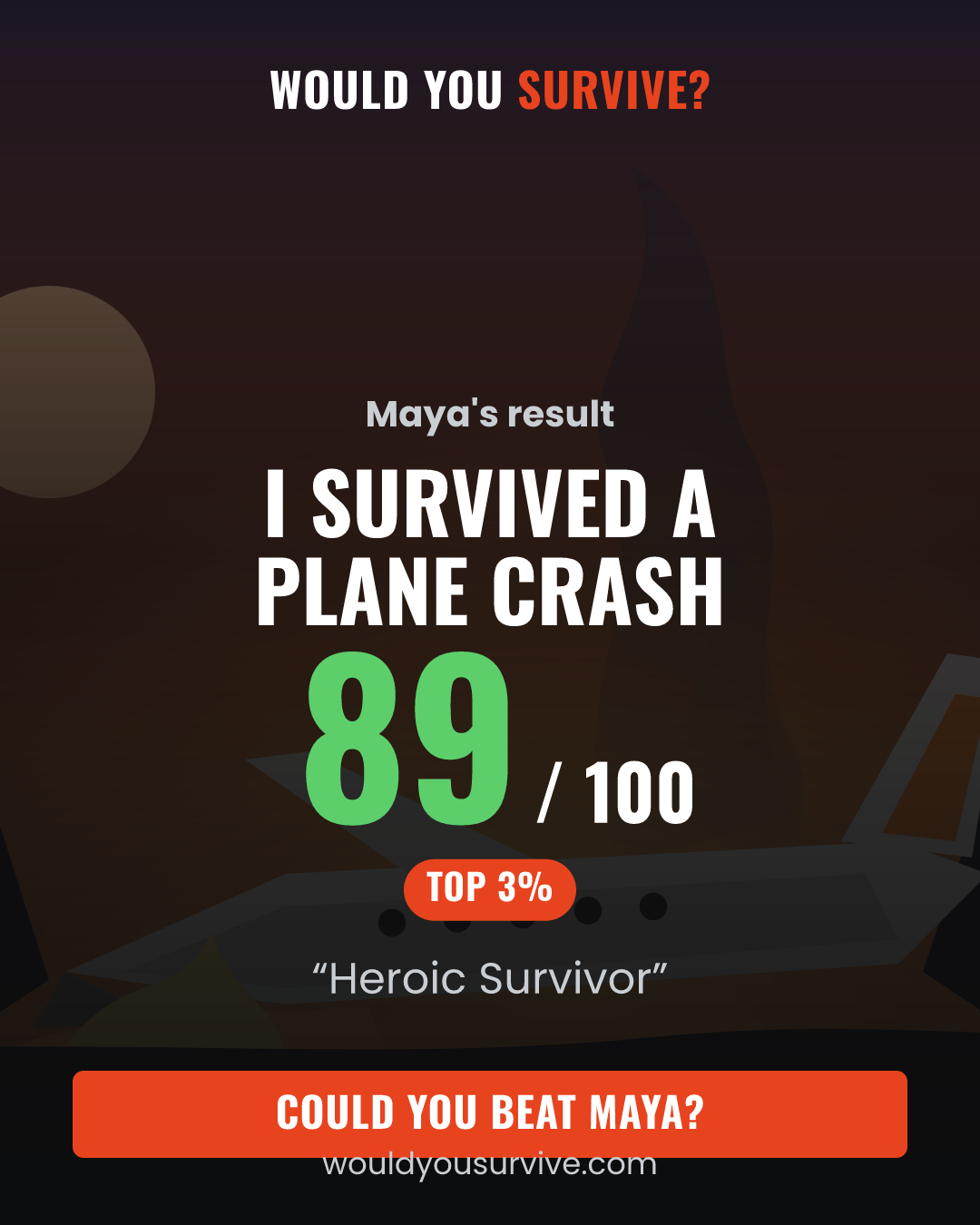 Share card: Would you survive a plane crash? 89 out of 100, Heroic Survivor