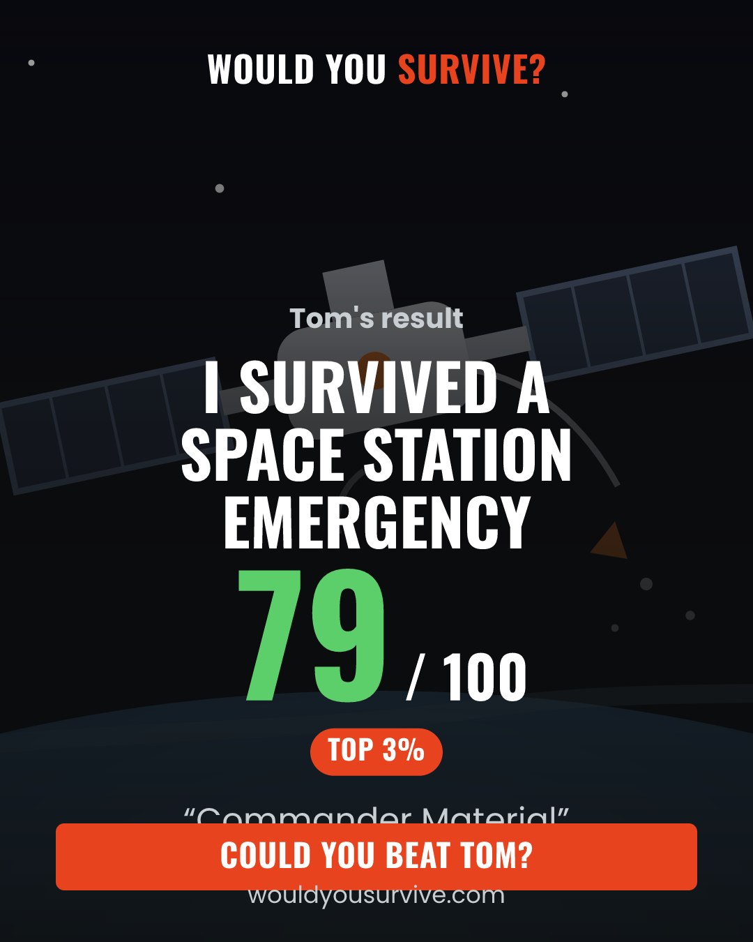 Share card: Would you survive a space station emergency? 79 out of 100, Commander Material