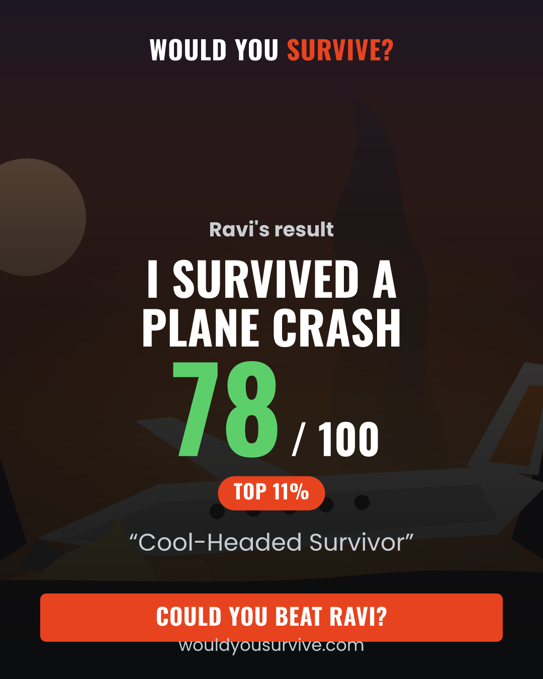 Share card: Would you survive a plane crash? 78 out of 100, Cool-Headed Survivor