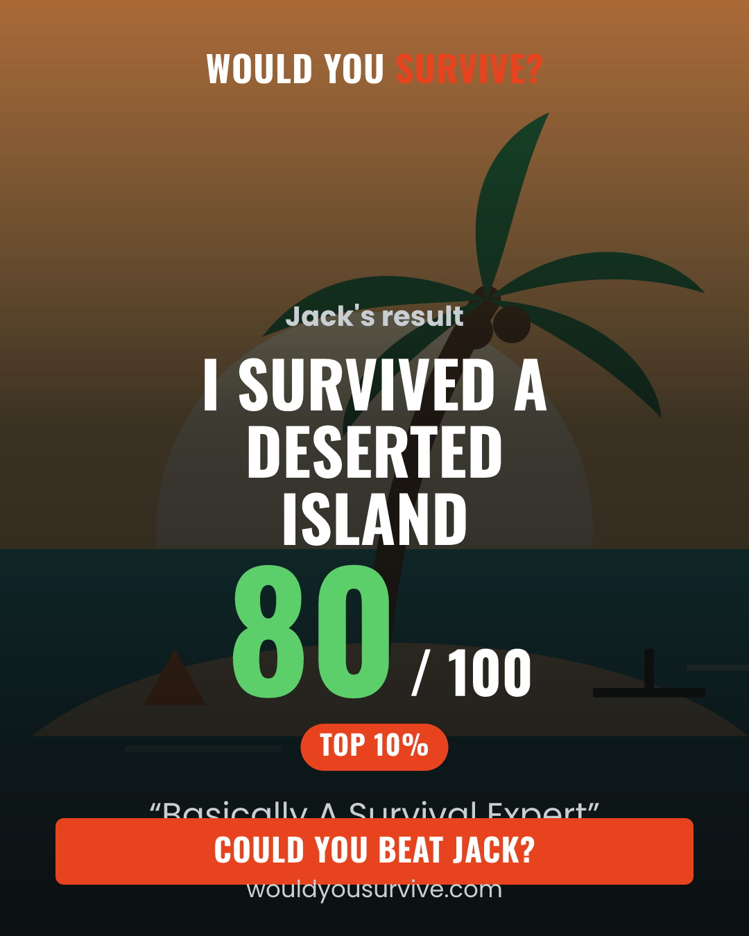 Share card: Would you survive a deserted island? 80 out of 100, Basically A Survival Expert