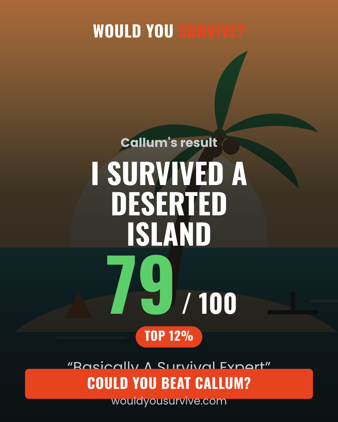 Share card: Would you survive a deserted island? 79 out of 100, Basically A Survival Expert